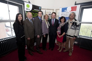 From left to right: Elisabetta Arca, Trinity College Dublin, Patrick Cunningham, Chief Scientific Advisor to the Government, David Loyd, Chairman of the Irish Research Council, S.E. Mme Emmanuelle d'Achon, Ambassador of France in Ireland, Mr. Seán Sherlock TD, Irish Minister of State with special responsibility for Research and Innovation, Linda Cattin and Jean-Christian Bernède, University of Nantes, France - JPEG
